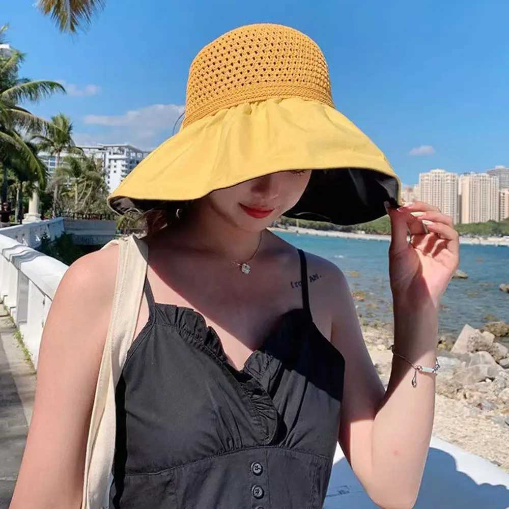 Summer Women Bucket Hat UV Protection Sun Hats Soft Foldable Wide Brim Outdoor Beach Hat Panama C Sunshade HatXJ250304