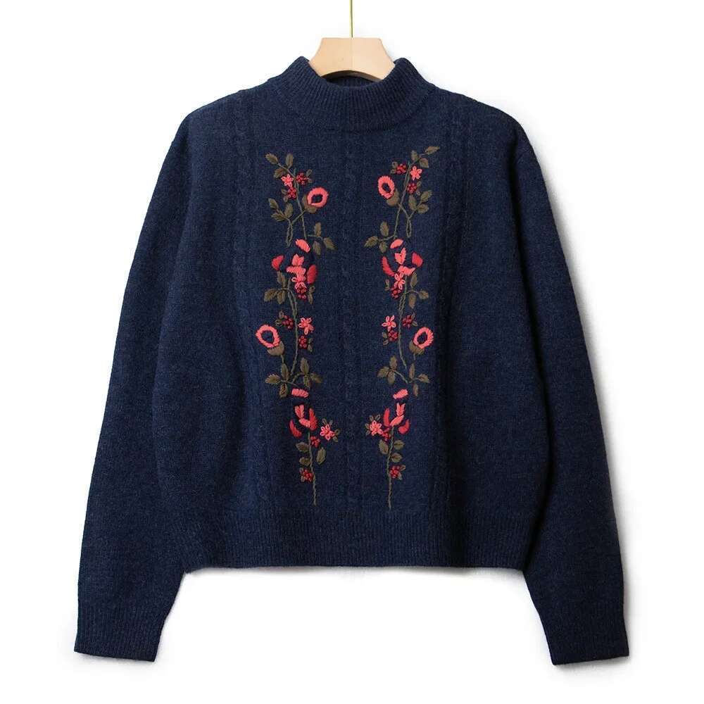 Women New Autumn And Winter Embroidered Half Turtleneck Solid Color Long-Sleeved Crew Neck Sweater