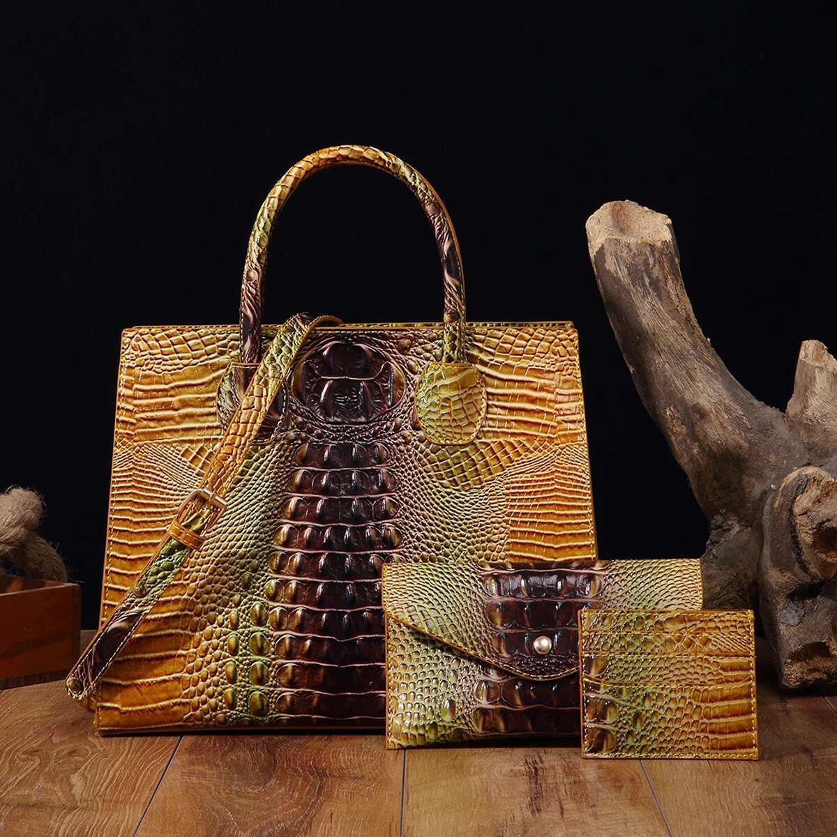 3 Pcs Crocodile Pattern Handbag Purses Set, Multi-Functional Vintage Top Handle Crossbody Business Clutch Bag & Card Coi