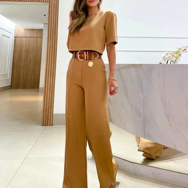Office Outfits Fashion Solid Color Casual Wideleg Pants Short Sleeves Blouses Suits Elegant Commuting Summer Sets For Women 250225