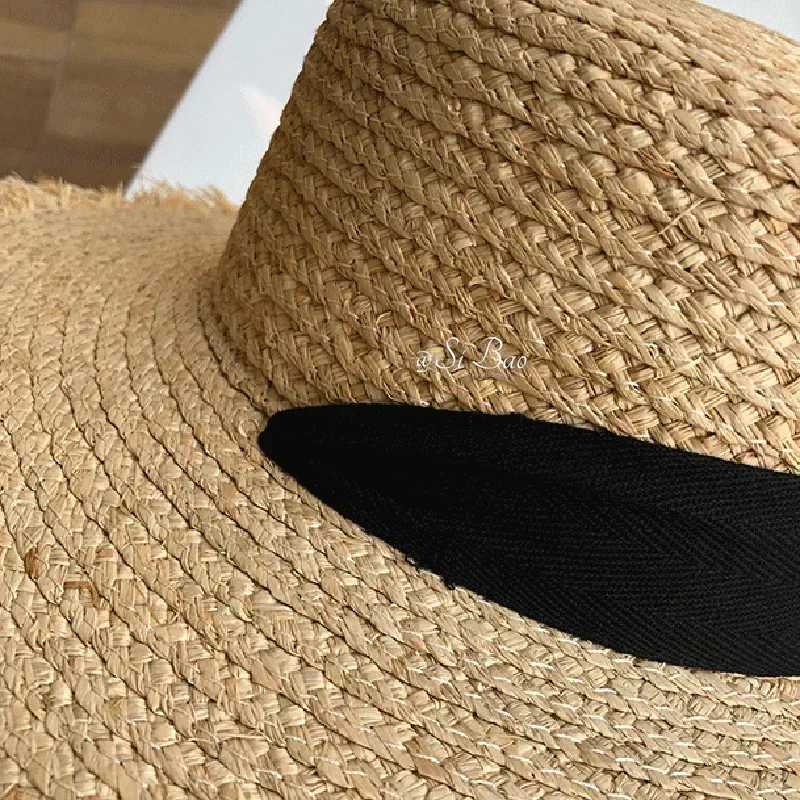 Str Hat Women Wide Brim Sun Protection Beach Hat Black and White Ribbon Bowknot Str C Casual Ladies Flat Top Panama HatXJ250304
