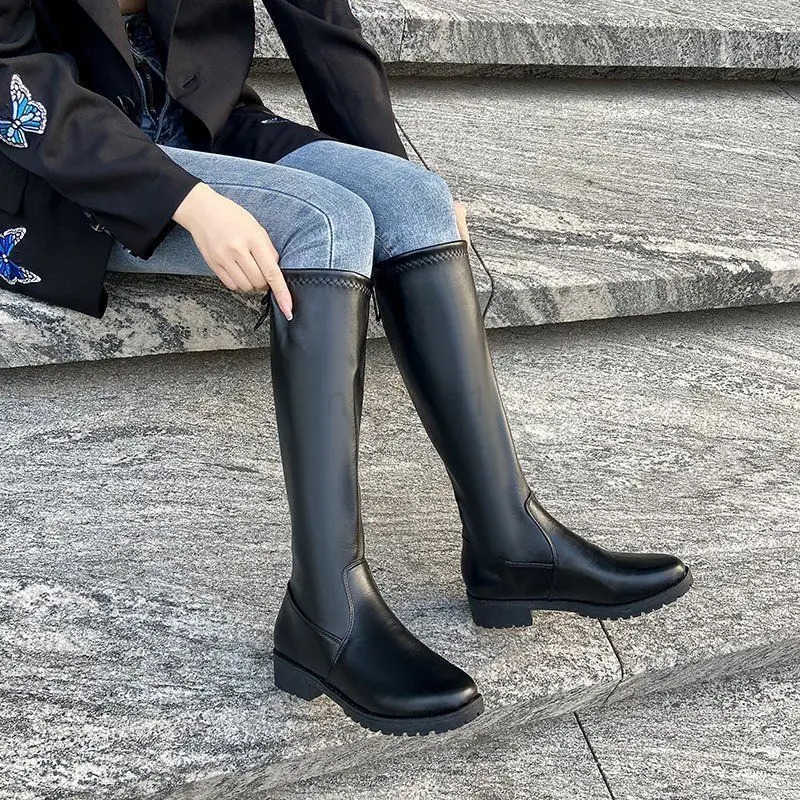 Middle Heel Round Toe Wens Boots Winter Knee High Shaft Black Footwear Biker Long Shoes for Wan Y2k Hot Gyaru S Quality Z250304