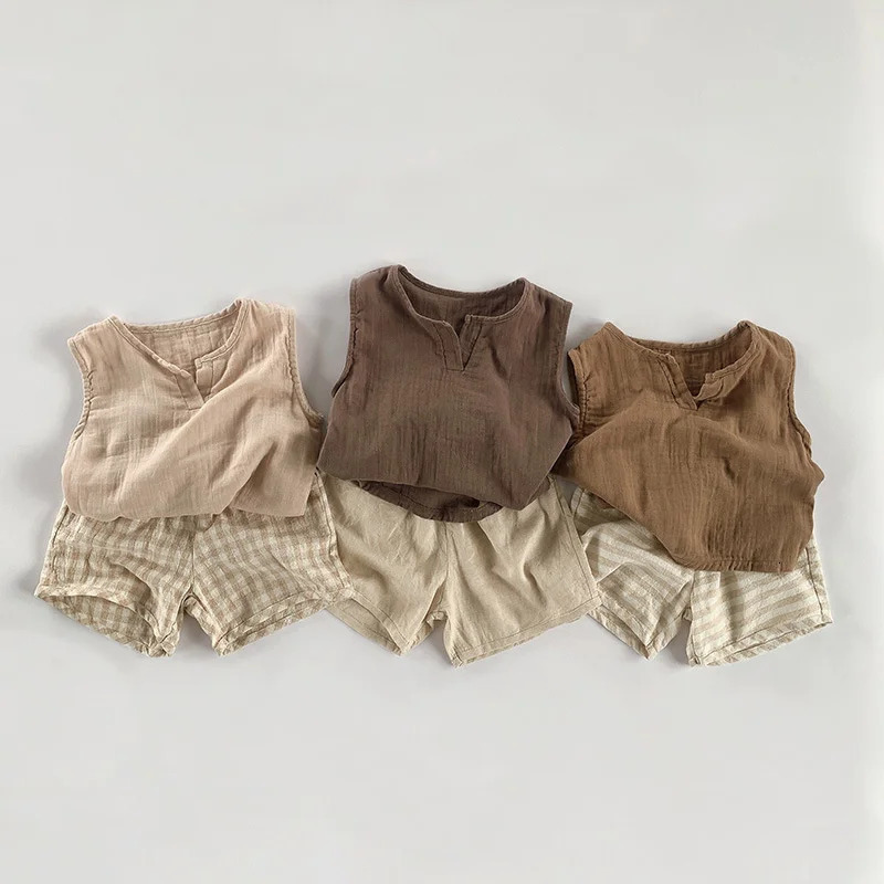 Summer Children Shorts 1-8Y Boys Girls Cotton Linen Striped Plaid Short Pants Casual Trousers Toddler Wear Kids Clothes 250304