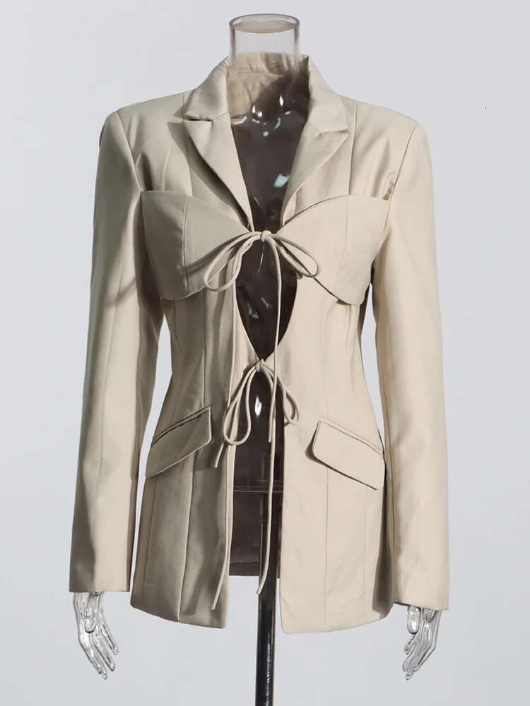 Solid Hollow Out Patchwork Lace Up Blazer For Women Notched Collar Long Sleeve Spliced Pocket Chic Blazers Female