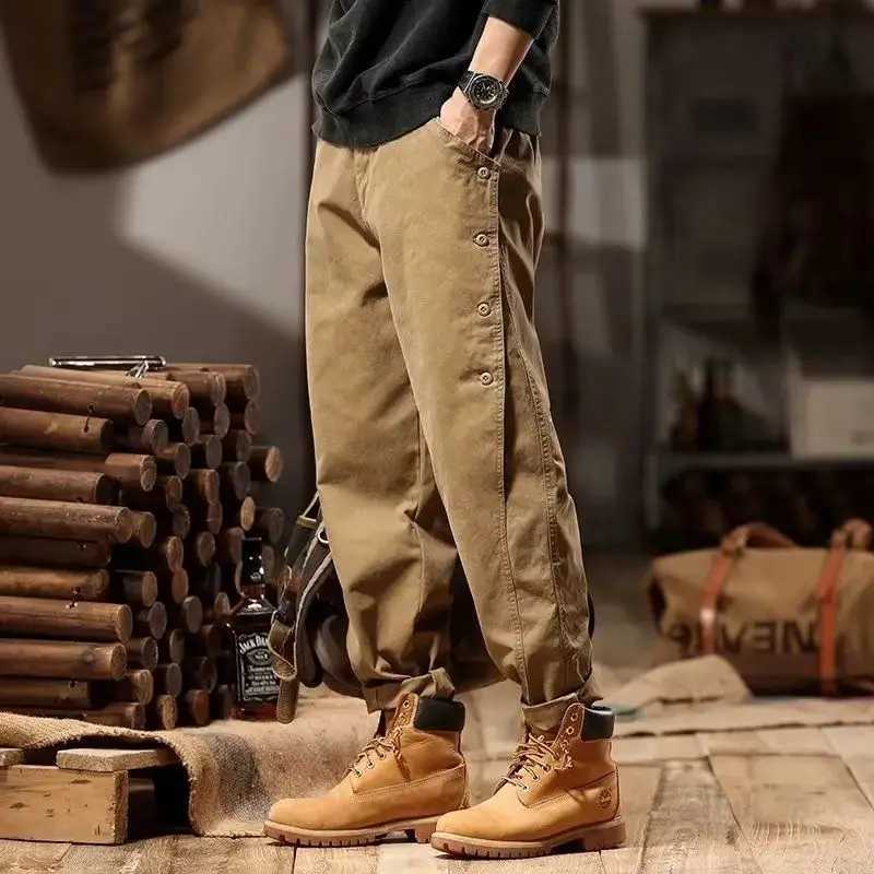 Winter loose casual fully matched retro checkered pants mens elastic waist button cotton sweater mens pantsXJ250303
