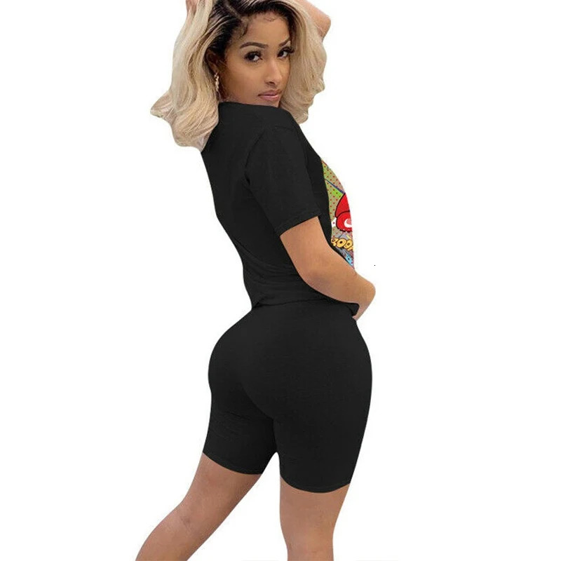Summer Red Lip Printed Women Casual Two Piece Set Short Sleeve Tee Top Biker Shorts Above Knee Pants Suit Tracksuit Outfits 250303