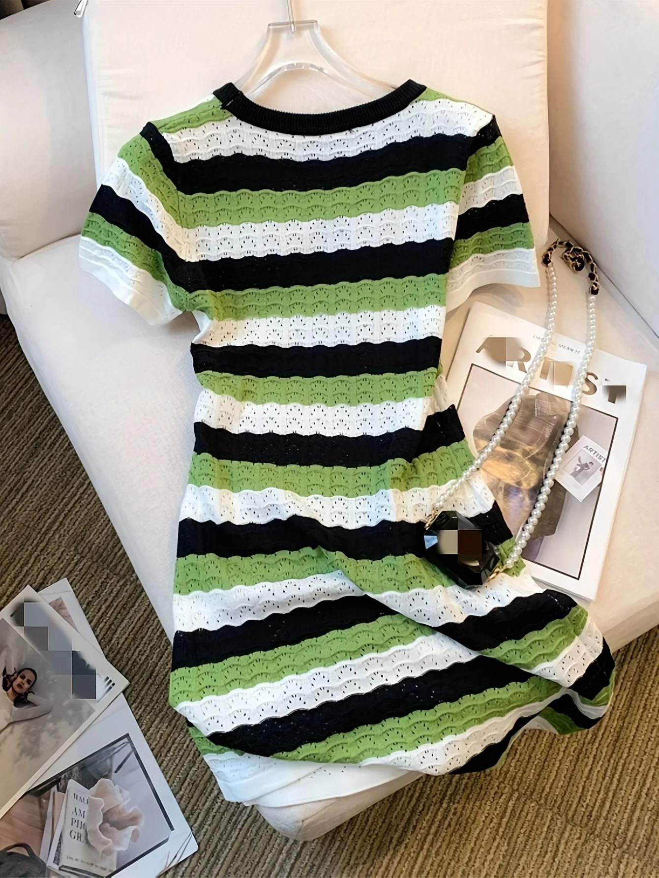 2024 Colorful Striped Crew Collar Dress Fashion Short Sleeve Pocket Hip Mini Knitted SpringSummer Womens Wear 250227Z