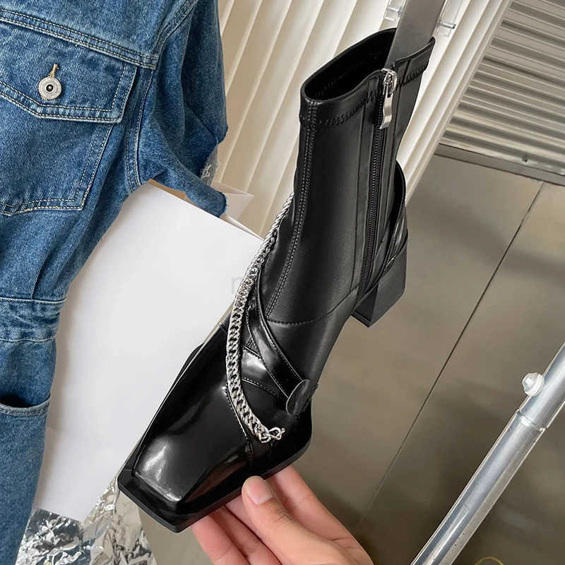 Designer Vintage Boots Wen Thick High Square Toe Zipper Autumn Winter Ladies Slim Short Booties Z250304