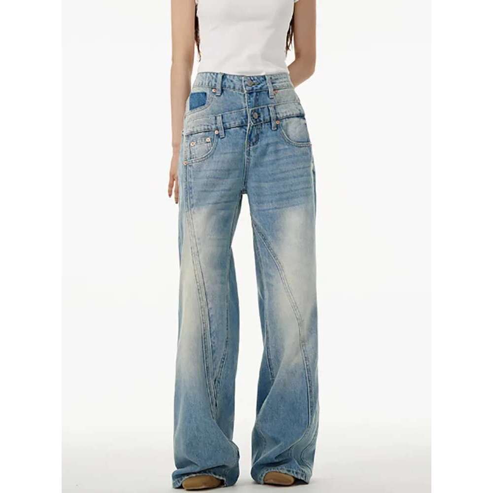 Fashion Women's Deconstruct Jeans Double Waistband Pockets Spliced Or Straight Denim Pants Spring 2025 New Tide 7Ab6968