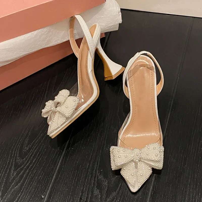 White Fashion Design Pearl Bowknot Women Pumps Sexy Pointed Toe High Heels Wedding Prom Shoe PVC Transparent Sandalias De Mujer