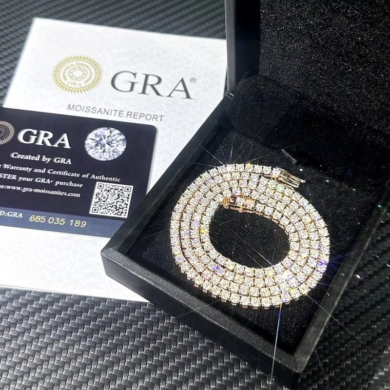 Factory Wholesale Jewelry Sier Hip Hop Rose Gold Chain 3mm 20Inch DVVS Moissanite Tennis Necklace