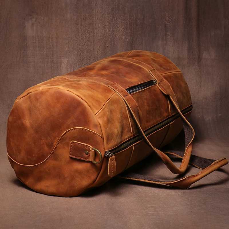 LUOKIR Luxury Genuine Leather Travel Bag Vintage Crazy Horse Cowhide Shoulder Luggage Bag Men Casual Handbag Weekend Duffle Bag Y250304