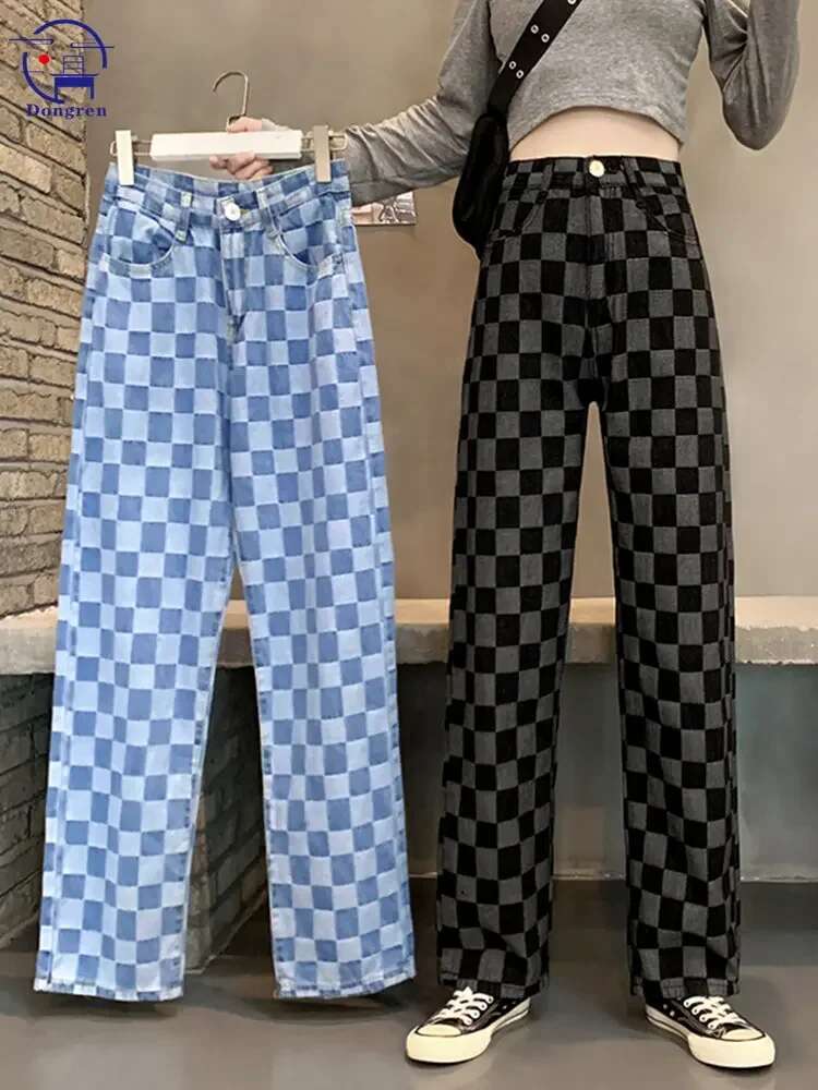 New Vintage Plaid Blue Women's Street High Waist Slim Loose Straight Wide Leg Casual Denim Pants Women Jeans