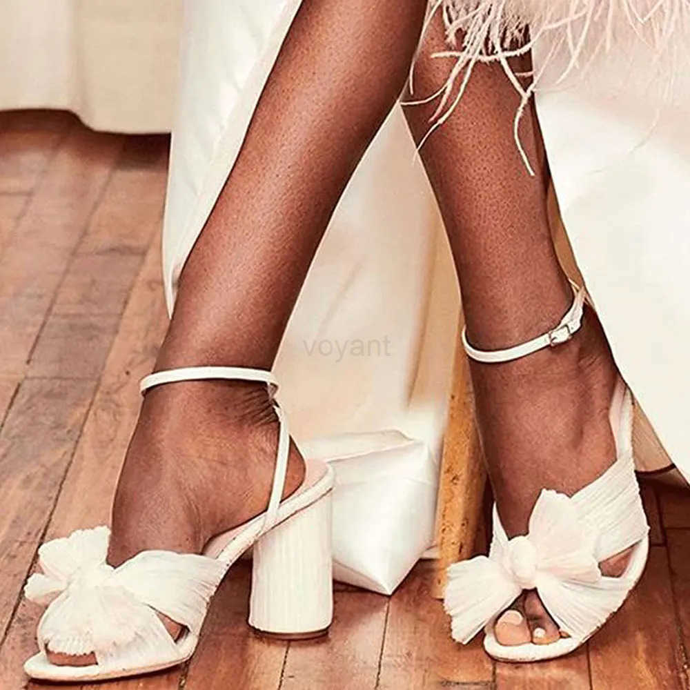 2025 Wens Block Heel Wedding Shoes for Brides Who Value Cfort And Style Pleated Bow Knot White Blue Party Sandals Big Size Z250304