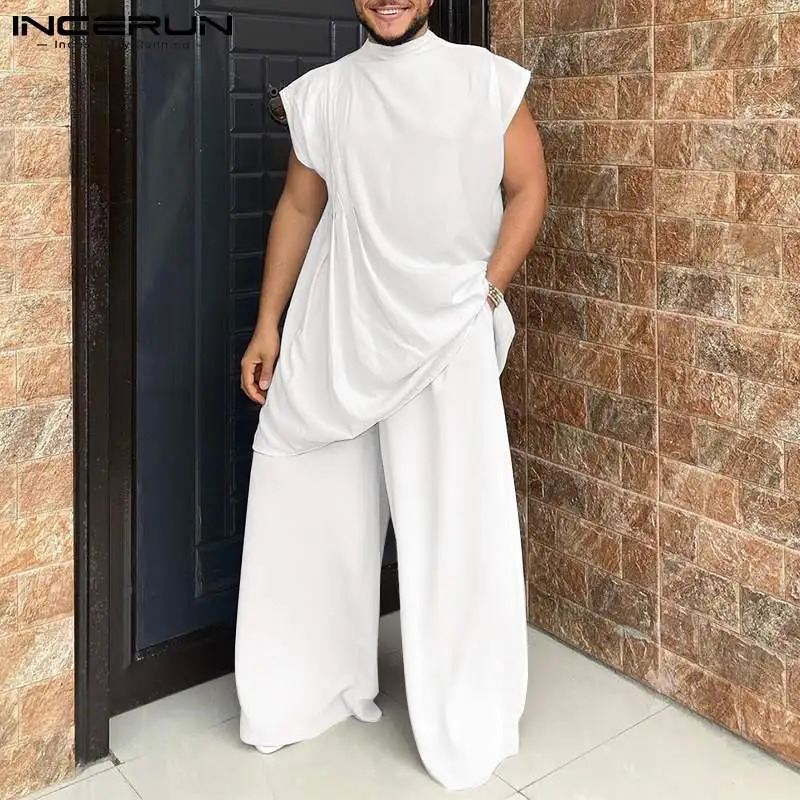 Mens Sets Muslim Style Pleated Dropped Sleeves Half Turtleneck Mid-Length Robe Loose Pants Suit 2 Pieces S-5XL INCERUN 250303