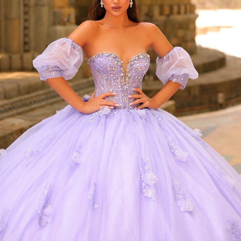 Lavender Shiny Quinceanera Dresses Ball Gown Off The Shoulder Applique Flower Beads Tull Party Birthday Sweet 16 Vestidos 15 De Anos