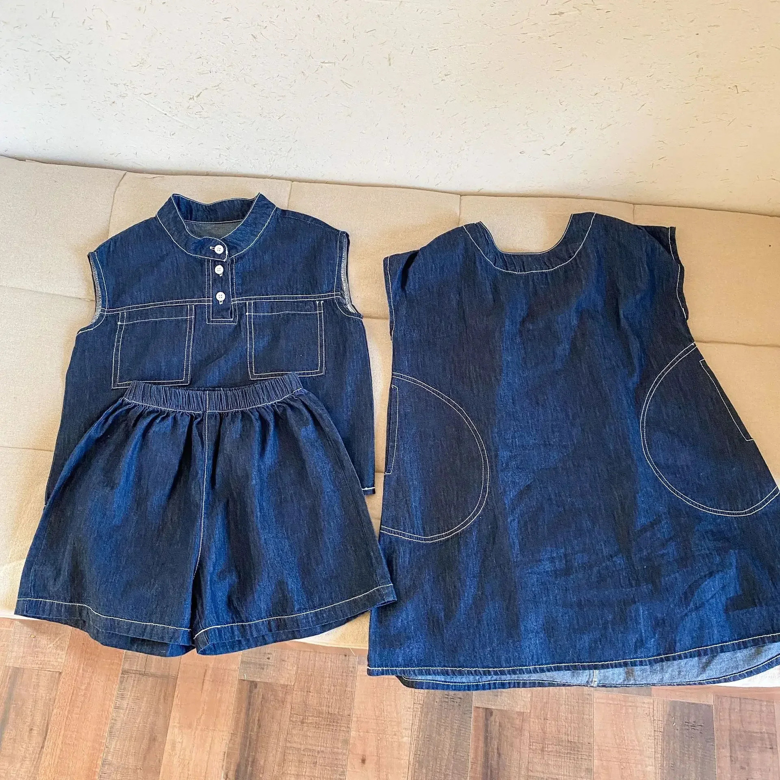 Brother And Sister Clothes Summer Childrens Denim Suit Boy Vest short Or Girl Backless Dress 250304