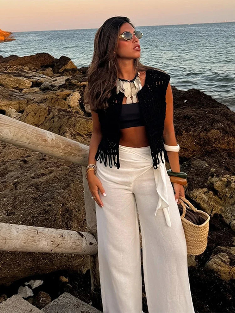 Hollow Out Crochet Knitted Womens Vest Sleeveless Tassels Open Front Slim Cardigan Waistcoat Fashion Knitwear Crop Top 250303