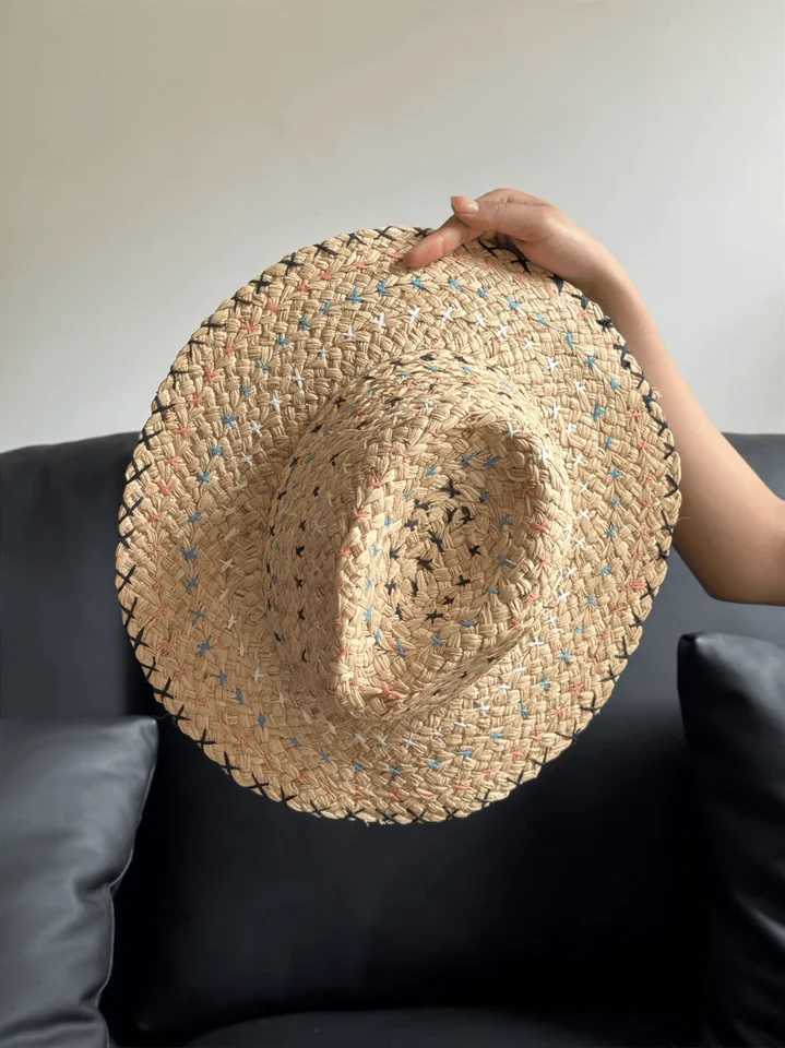 Raffia str Womens Bohemian Color Sewing str Hat Womens Sun Hat Beach Summer Vacation Panama HatXJ250304