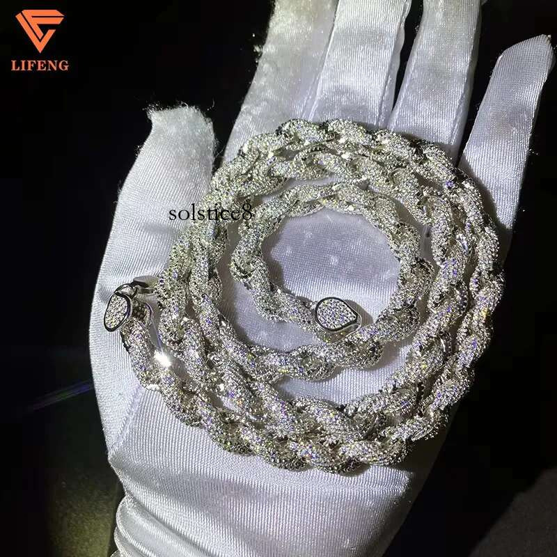 Fashion Jewelry Popular White Gold Plated Sier Iced Out 8mm VVS Moissanite Hip Hop Rope Chain Necklace For Men