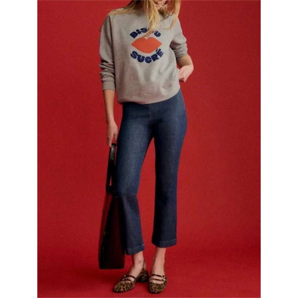 Women's Sweatshirt Alphabet Lip Pattern Print Gray Fashion Long Sleeve Round Neck Lady Casual Top 2025 Spring