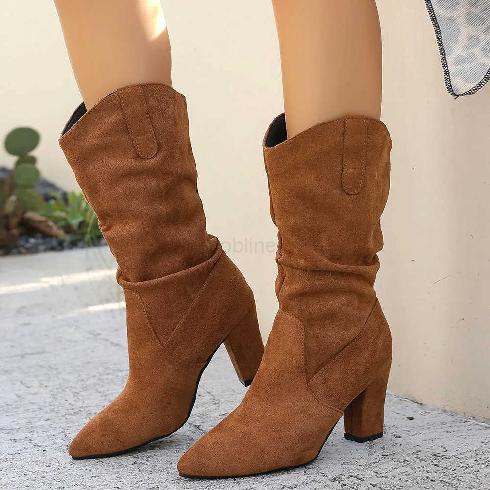 Big Size 42 Elegant Modern Lady Mid-calf Boots Wen Shoes Sexy Slip on Pleated Block High H Boots for Party and Off Z250304