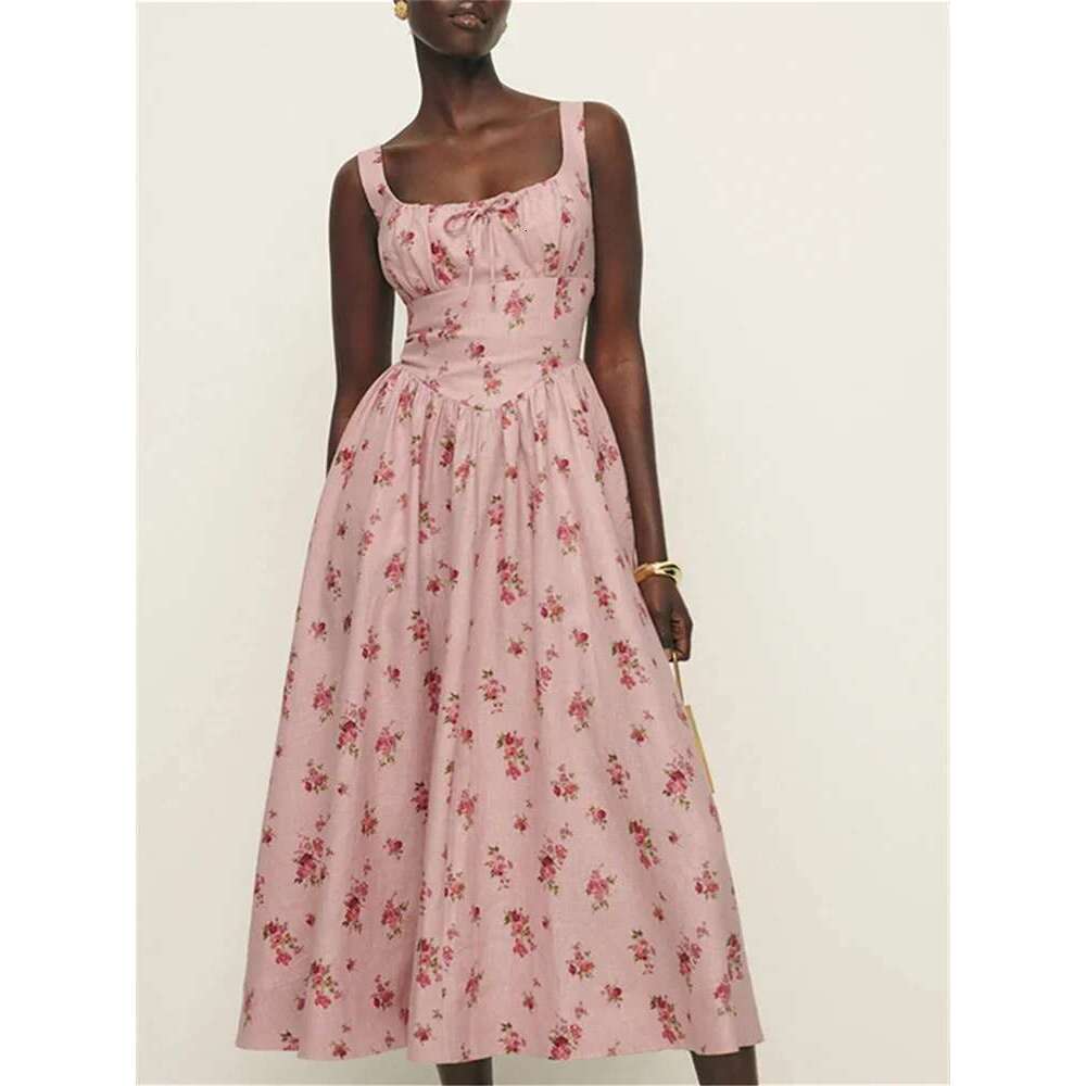 Women Pink Ral Print En Mid Length Dress Summer New Sleeveless Slim Ladies Elegant Vacation Square Collar Lace Up Robe