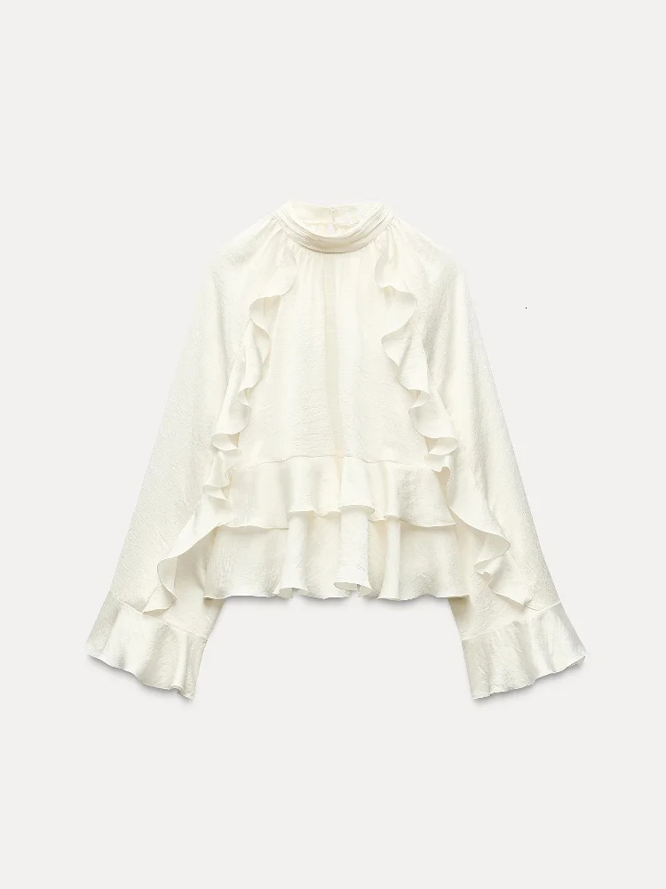 Fashion Temperament Women Ruffle Edge Blouse Chic Stand Up Collar Long Sleeved Shirt Top Spring Elegant Lady Short Tops 250228