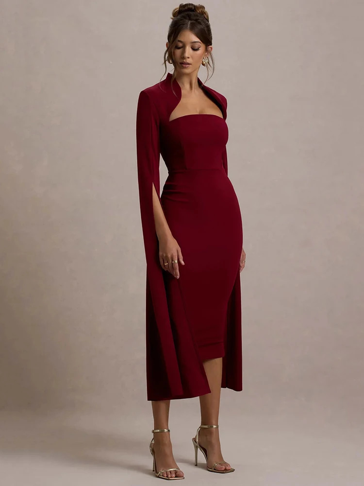 Mozision Cape Long Sleeve Sexy Midi Dress For Women Autumn Winter Square Collar Back Slit Bodycon Club Party Long Dress 250303