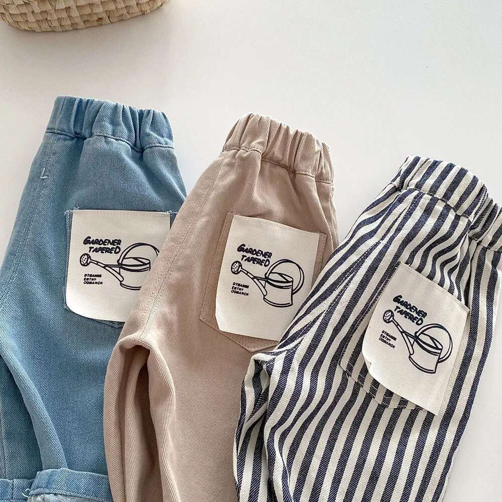Ddmyshoesvip Jeans Stripe Denim Loose Straight Patchwork Pocket Boys Trousers Mid Waist Kids Outfit Pants