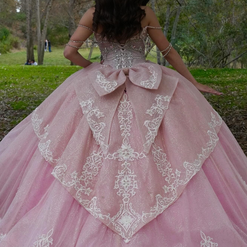 Pink Shiny Quinceanera Dresses Ball Gown Off The Shoulder Applique Lace Beading Crystal Bow Tull Party Birthday Sweet 16 Vestidos 15 De Anos