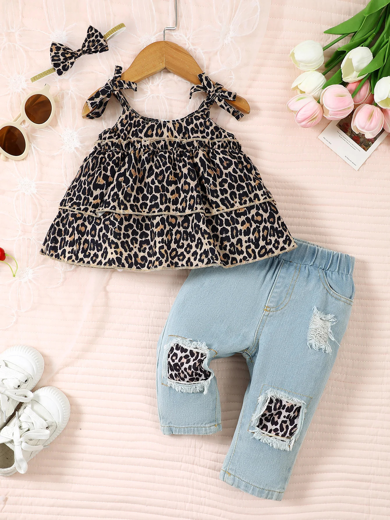 3Pcs Toddler Girl Set Leopard Bow TopBlue jeansHeadband 0-3 year old girl summer fashion European and American style clothing 250304