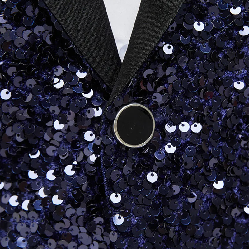 Mens Dress Blazer Navy Blue Sequin Formal Suit Jacket Shining Stage Concert Performance Tuxedo Coat Singer Host Costume 250304