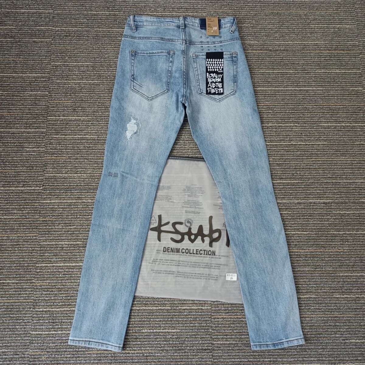 KSUBI Cross Men Fashion Trend Wash Light Blue Letter Print Low Rise Elastic Skinny Pants Daily Casual Ripped Frayed Jeans