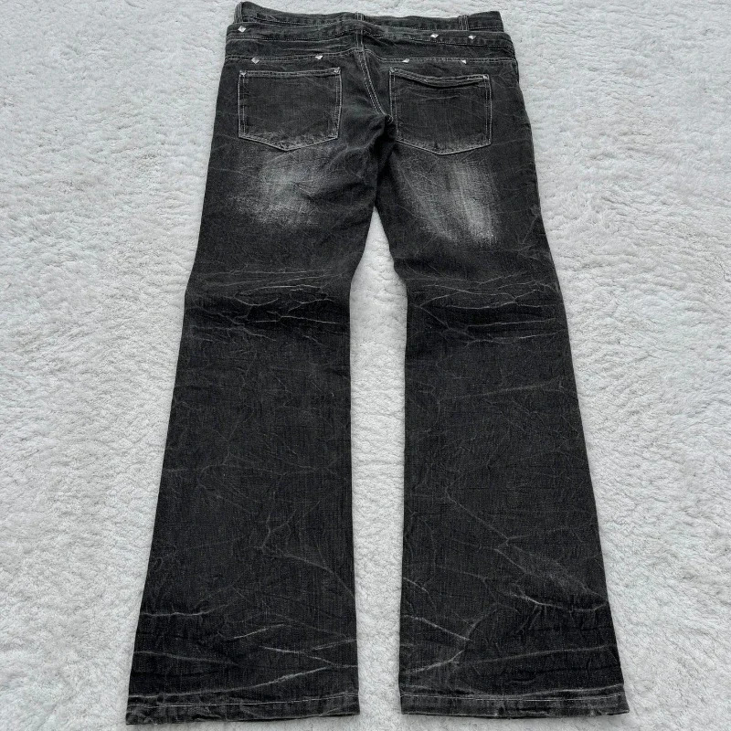 retro double waisted lace up micro flared women pants streetwear Y2K washed high-quality sense men and women jeans 250228
