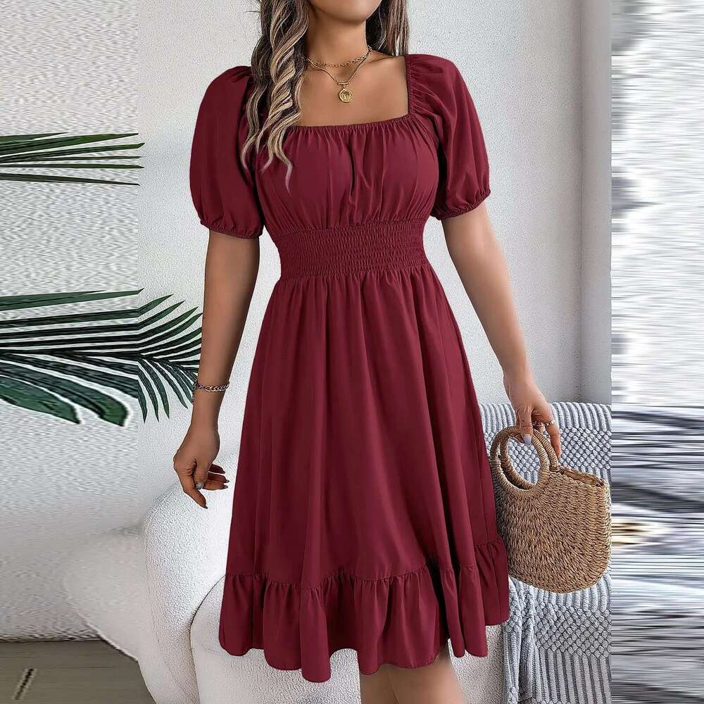 Elegant Women Spring Summer Puff Sleeve A e Vestidos Square Neck Tie Waist Ruched Casual Solid Long Dress