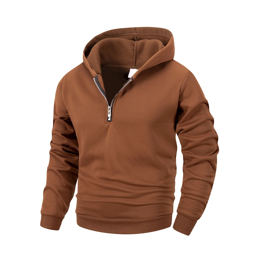 Mens Half Zipper Hooded Sweatshirts Solid Color Long Sleeve Streetwear Warm Jacket Casual Loose Pullover Fashion Sweatshirt Top 250304