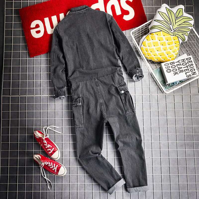 2021 Jeans Overalls Men Denim Jumpsuits Long Sleeve Lapel Multi Pocket Cotton Loose Street Cowboy Pants Blue Black Trousers