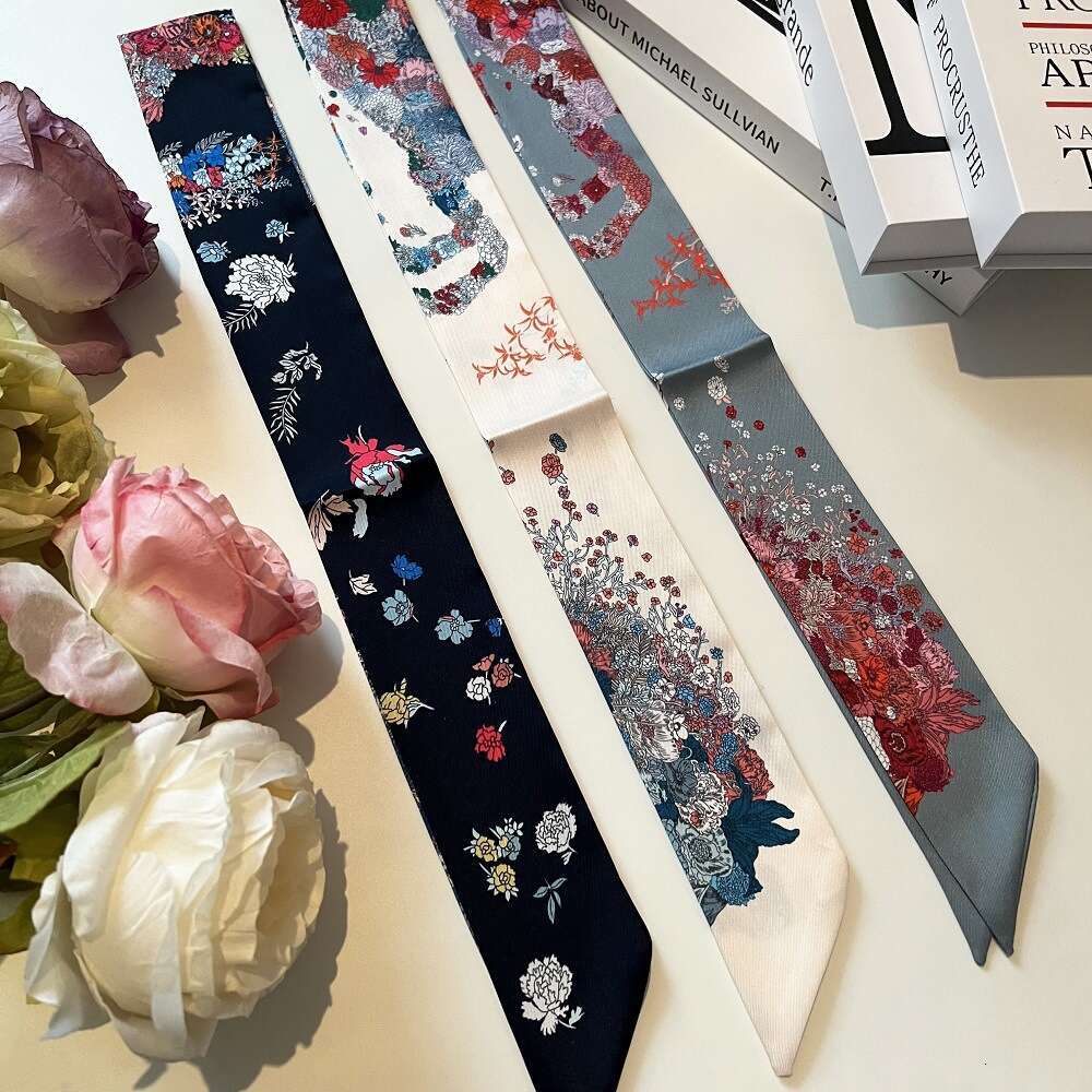 2024 New Narrow Summer Thin Women's Small Strip Clear Flower Clothes Silk Leisure Scarf Dual Use