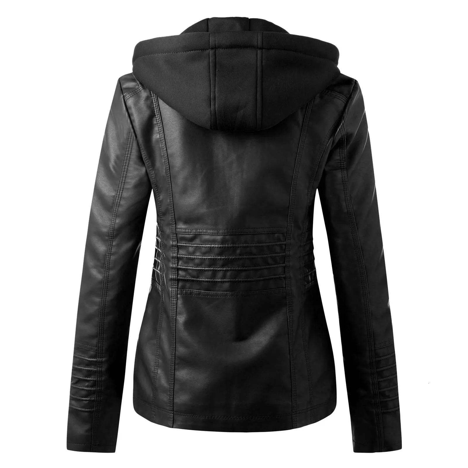 Leather Jacket Women Hooded Faux Pu Motorcycle Zipper Long Sleeve Autumn Winter Outwear Coats 250226