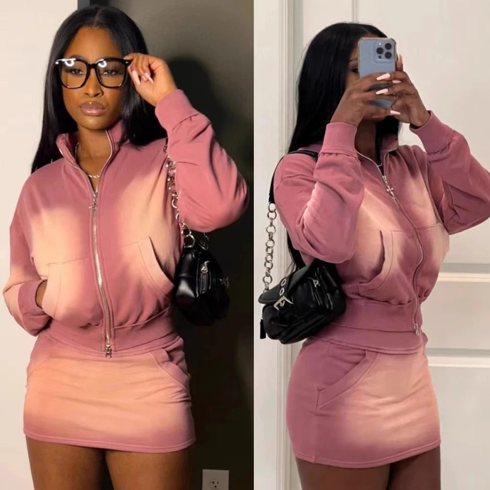 Pink Acid Wash Hoodie Set Women Outfits Casual Fashion Pocket Long Sleeve Zip Up Crop Top and High Waist Skirt Two Piece Sets 250303