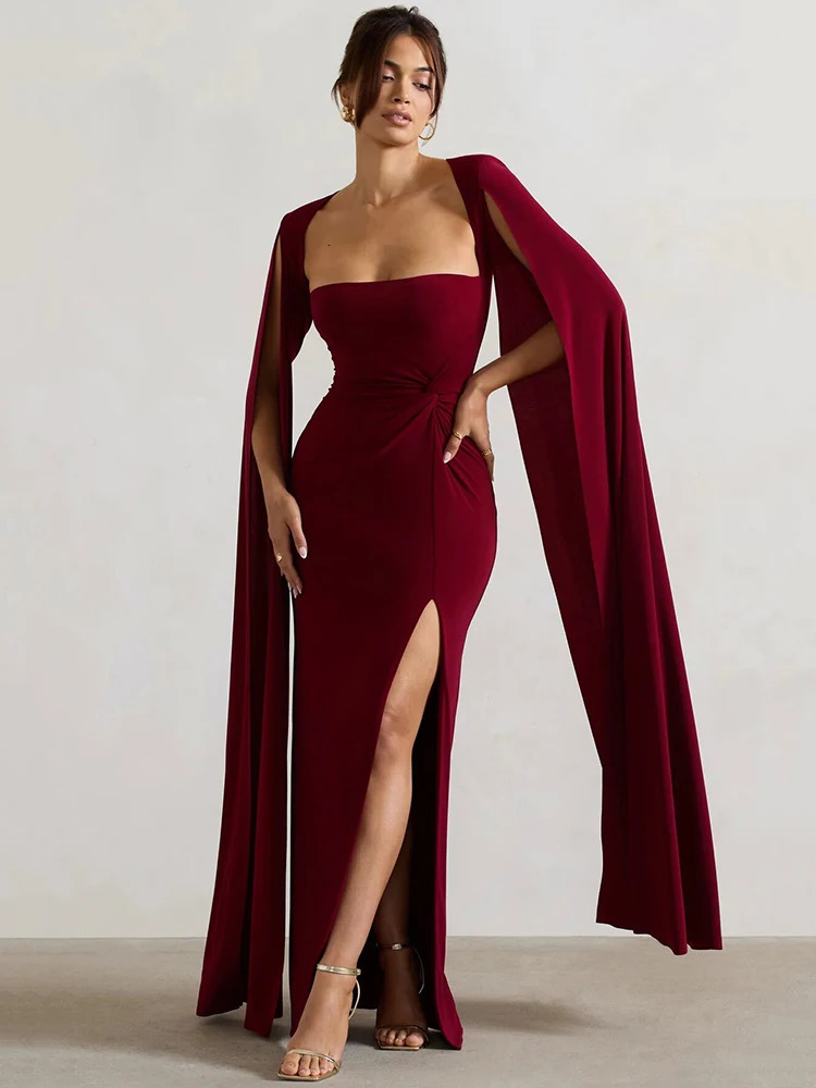 Long Sleeve Black Evening Gown: Women's Solid Square Collar Split Maxi Dress - Elegant & Sexy C260312
