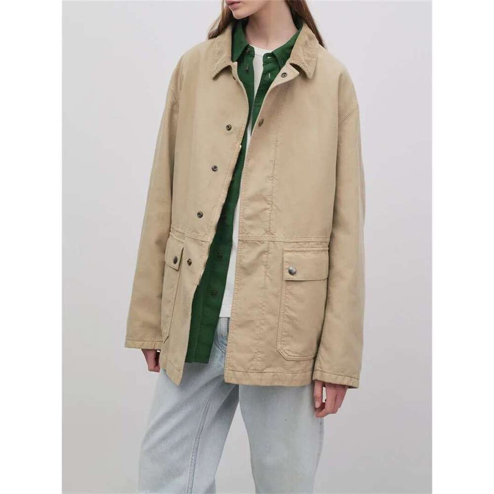 Women's Ribbed Turn-Down Collar Zipper Coat Simple Casual Female Safari Style Large Pockets Jacket Autumn Winter