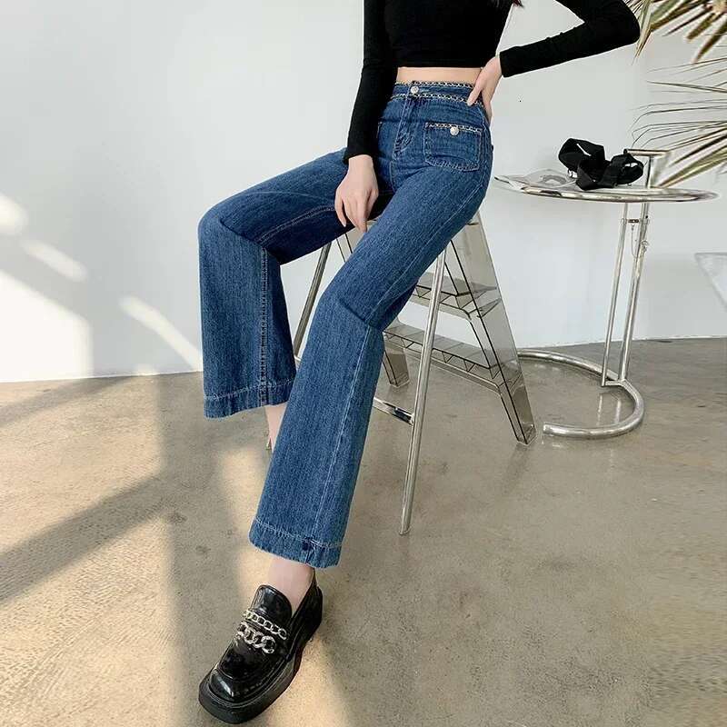 Korean Chic Fashion Chain Blue High Waist Jeans Women Spring Autumn New Straight Baggy Loose Slimming Wide-Leg Denim Pants