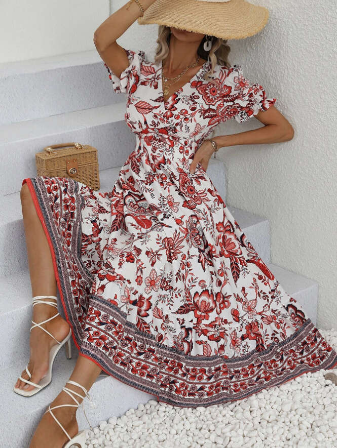 Real time shooting of European American summer full page printed puff sleeve super collar dress, 2025 new style, chic and elegant clothing