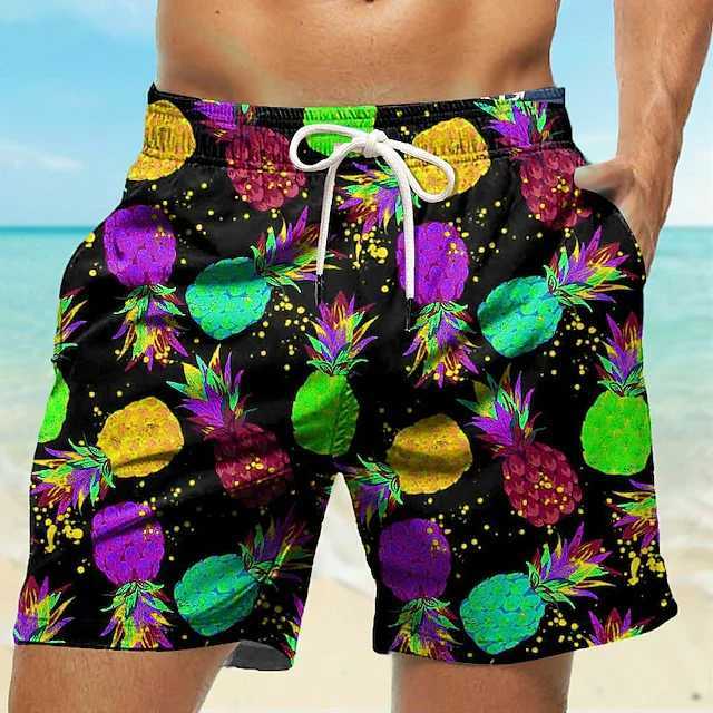 Mens Board Shorts Pineapple 3D Print Shorts Swim Trunks Drawstring Summer New Quick Dry Short Holiday Beach Hawaiian ShortsT250304