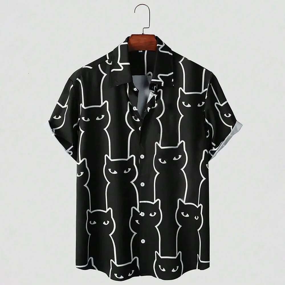 2025 Fun Cartoon Cat Printed Button Casual Street Designer Collar Shirt Top Fashionable Men's Breathable And Comfortable Short Sleeve Shirt Cloth