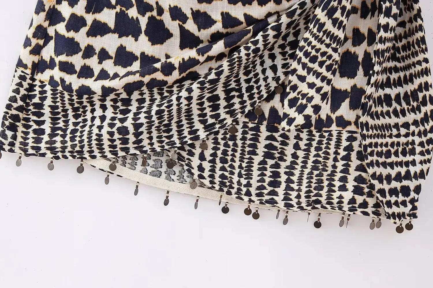 Women Vintage Geometric Print Knotted Mini Sarong Skirt Faldas Mujer Female Beading Tassel Casual Zipper Vestidos QUN4078 250304
