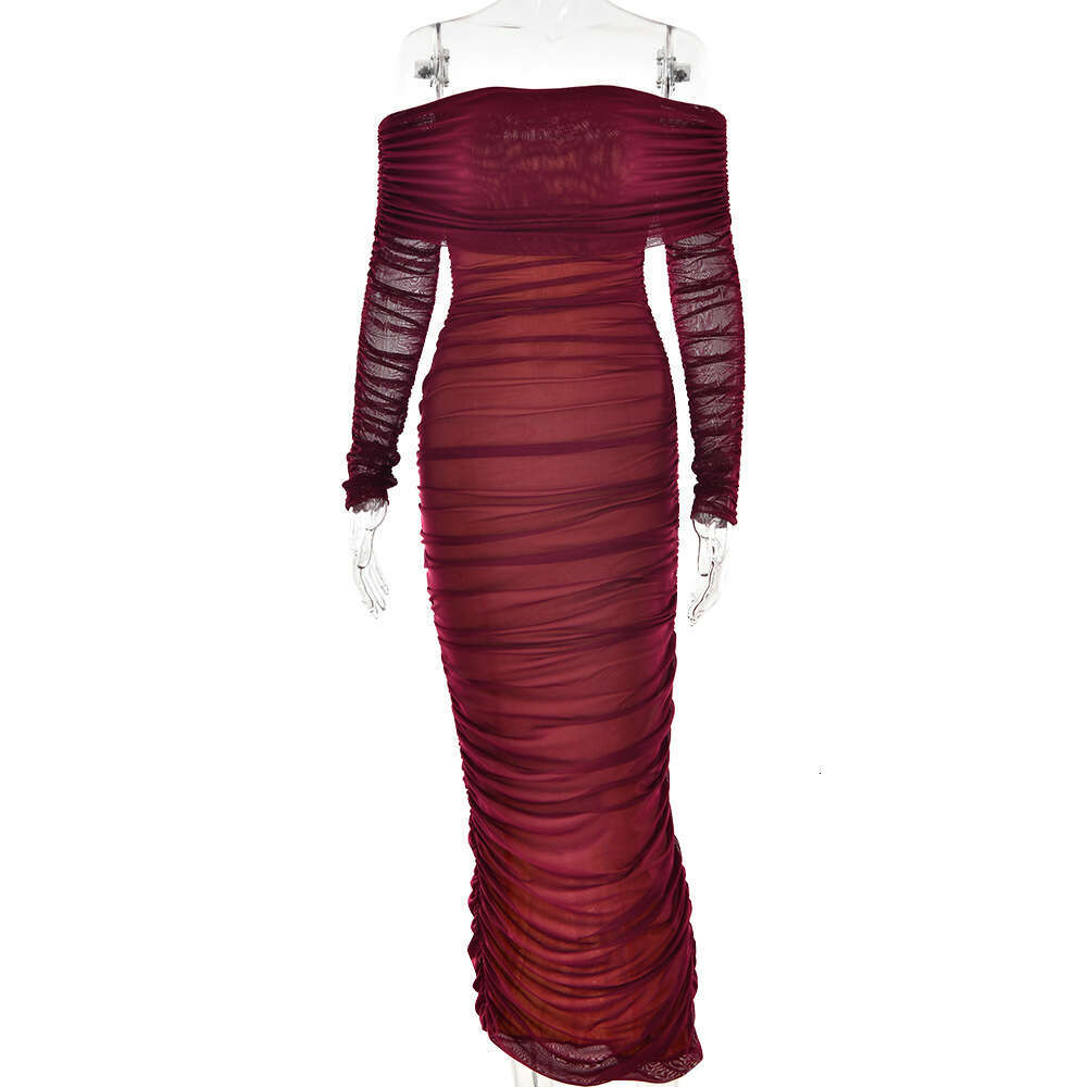 New mesh one shoulder pleated for women, slim fit sleeved dress with wrapped buttocks and long skirt