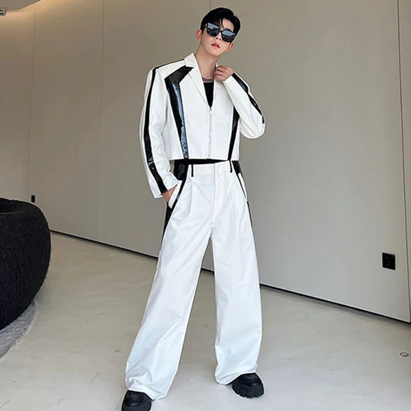 IEFB Korean Style Sets Niche Male Blazers Pu Leather Spliced Suit Coat Wide Leg Suit Pants Two Piece Menwear 9C1614 250303